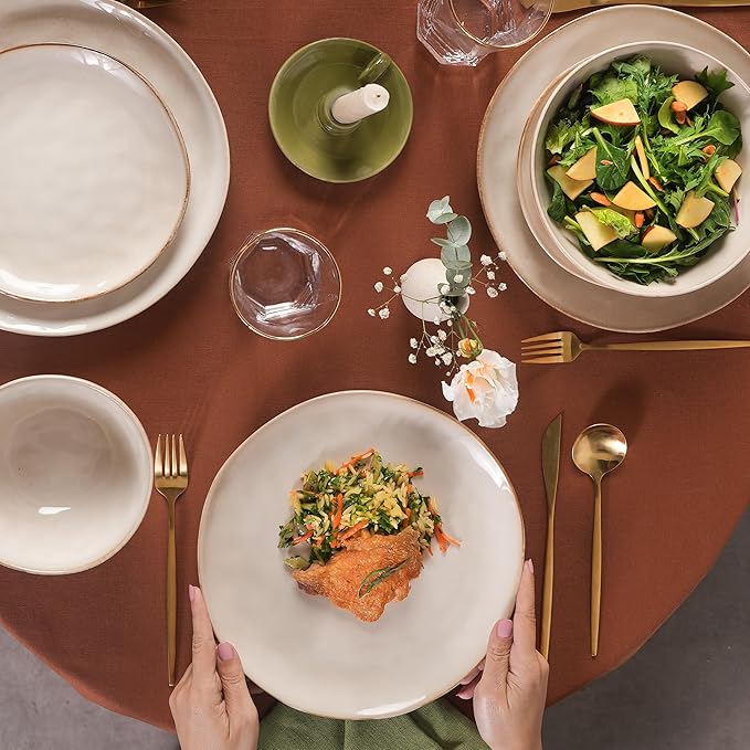 Karaca Aria Reactive Stoneware Plates &amp Bowls Sets - Ceramic Dinnerware Sets for 6 24 Piece Microwave Safe Dish Set incl. Dinner Plate Set with Pasta Bowls Side Plates and Cereal Bowl - Beige