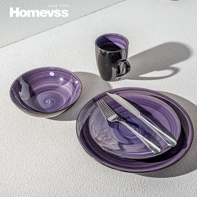 Stoneware Sonoma 56pc Dinnerware Set Black + Speckled Spin Wash Purple
