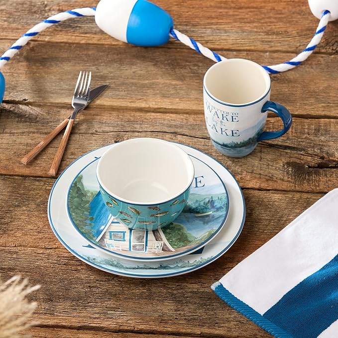 Wake at the Lake 16-Piece Dinnerware Set Includes 11-Inch Dinner Plates 9-Inch Salad Plates 14-Oz Mugs &amp 24-Oz Bowls Durable Ceramic Dishwasher &amp Microwave Safe Lakeside-Inspired Design