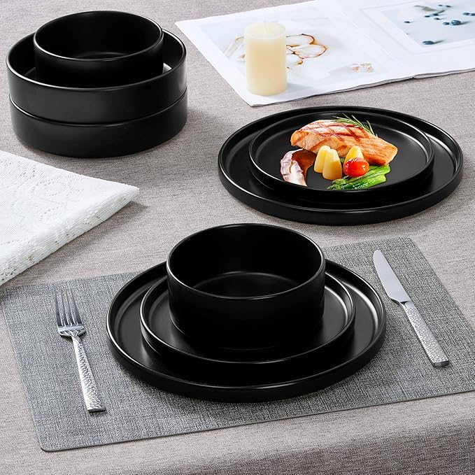 Herogo Dinnerware Sets with Pasta Bowls for 2 8 Piece Dinner Salad Plates and Cereal Bowls Stoneware Serving Dishes Dinner Ware for Home Kitchen Dishwasher &amp Microwave Safe Dishware Matte Blac