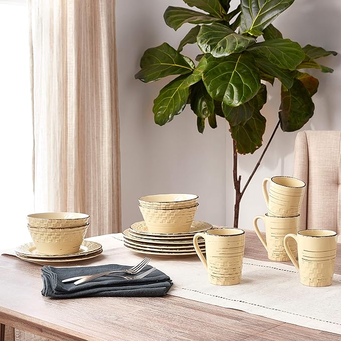 Lorren Home Trends 16 Piece Distressed Weave Dinnerware Set-Buttercup