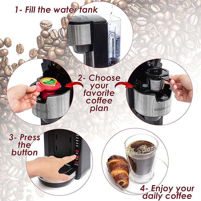 Mixpresso Black Single Serve Coffee Brewer K-Cup Pods Compatible &amp Ground 30 oz Compact Coffee Maker Single Serve With 5 Brew Sizes Up To 14 Oz Fits Travel Mug Adjustable Drip Tray