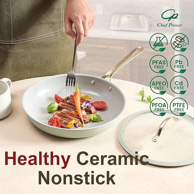 Chef Power Ceramic Cookware Sets 10Pcs Pots and Pans Set Non Stick Cookware Set with Stainless Steel Handle Dishwasher &amp Oven Safe Sage Green and Granite Grey