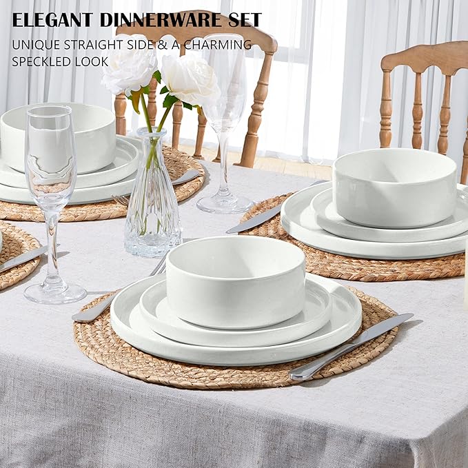 E-far Stoneware Dinnerware Sets with Pasta Bowls Set of 4 Bundle 12PCS Plates and Bowls Dish 35oz Ceramic Large Salad Bowl Plates for Serving Soup Dinner Microwave &amp Dishwasher Safe Speckled W