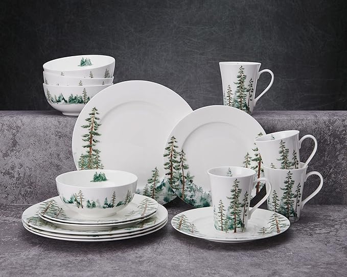 Mikasa Watercolor Forest Bone China Lightweight Chip Resistant 16 Piece Dinnerware Set Service for 4 White