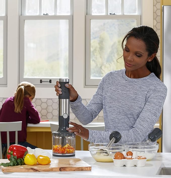 GE Immersion Blender Accessory Kit | Includes Chopping Bowl Attachable Whisk &amp 20-Ounce Measuring Cup | Accessories for Handheld Blender | Stainless Steel