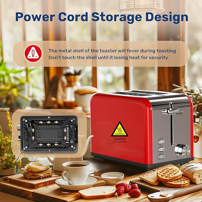 YSSOA 2-Slice Toaster with 6 Browning Setting and 3 Function Extra Wide Slot &amp Removable Crumb Tray Retro Stainless-Steel Style for Bread &amp Waffle Red