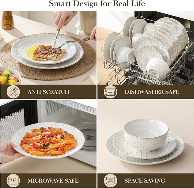 MALACASA 24 Piece Dinnerware Set Embossed Ceramic Dish Sets Service for 8 Plates and Bowls Set Durable Stoneware Tableware for Family Dinners Dishwasher &amp Microwave Safe