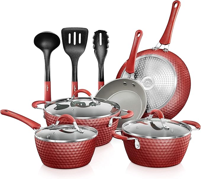 NutriChef 11-Pcs Non-Stick Kitchenware Pots &amp Pans - Stylish Kitchen Cookware Set w/Elegant Diamond Pattern Gray Inside &amp Red Outside Cool-Touch Handles