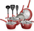 NutriChef 11-Pcs Non-Stick Kitchenware Pots &amp Pans - Stylish Kitchen Cookware Set w/Elegant Diamond Pattern Gray Inside &amp Red Outside Cool-Touch Handles