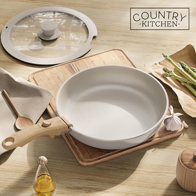 Country Kitchen Cookware Set with Removable Handle Oven &amp RV Safe Pots and Pans Set Cream Gold Speckle Wood Handle Original