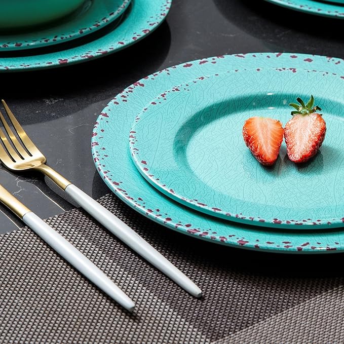 12 Pcs Melamine Dinnerware Sets Kitchen Plates and Bowls Set Camping Picninc Serving Dishes for Indoor Outdoor Dinner Plates Dishwasher Safe BPA Free Unbreakable Round Plates Turquoise