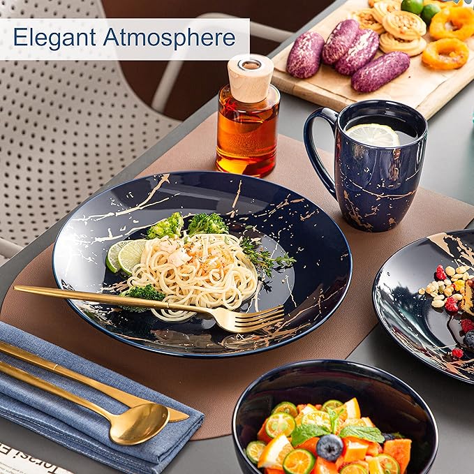 LOVECASA Porcelain Dinnerware Sets for 4 16 PCS Plates and Bowls Set Color Glaze with Gold Plate Dish Set Dinner Sets with Dinner Plates Dessert Plate Bowls and Mugs Dark Blue