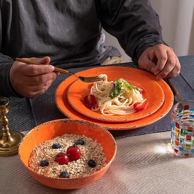 Rustic Melamine Dinnerware Sets Farmhouse Dishes Set for 4 Lightweight 12 Piece Kitchen Plates and Bowls Set for Indoor and Outdoor Use Dishwasher Safe Orange