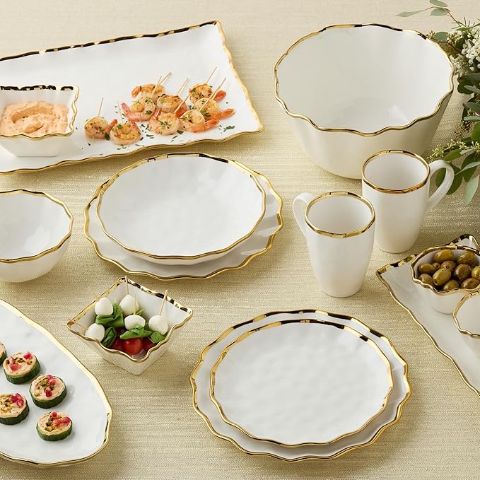 Regency Gold 16-Piece Dinnerware Set – Elegant Gold Rimmed Porcelain Plates Bowls &amp Mugs – Service for 4 – Sophisticated Dining Set for Everyday Meals Holiday Gatherings &amp Wedding Gifts