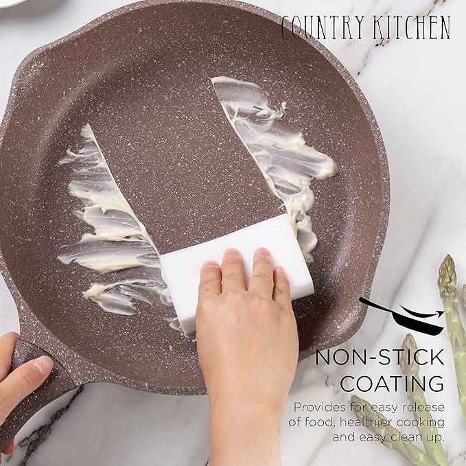 Country Kitchen Non-Stick Cast Aluminum Cookware Set - Durable Kitchen Cookware for Everyday Cooking Chocolate Brown 6 Pc.