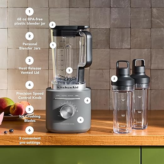KitchenAid Pure Power Blender with 2 Personal Blending Jars 1700 Watt Peak Power* KSB2078 Matte Charcoal Grey