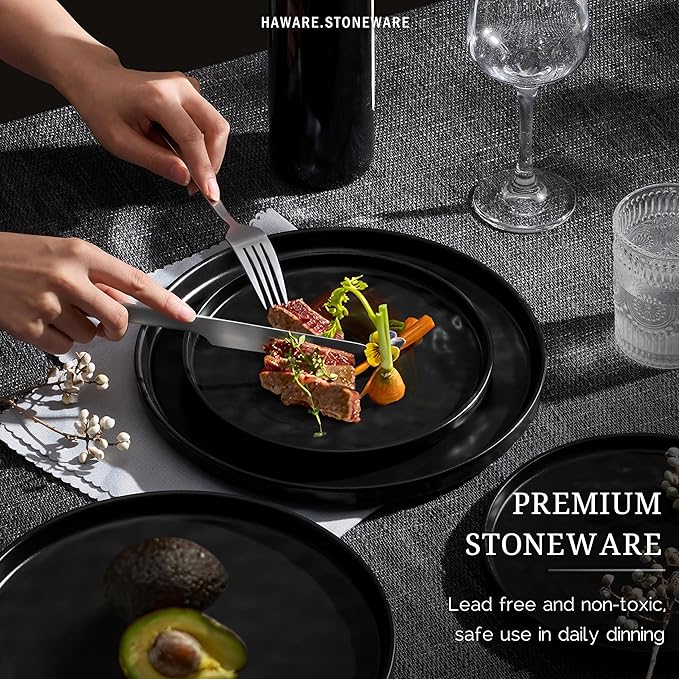 HaWare Dinnerware Sets 18-Piece Plates and Bowls Set Stoneware Dish Set for 6 Ceramic Dinnerware for Home Restaurant Chip and Scratch Resistant Microwave and Dishwasher Safe Matte Black