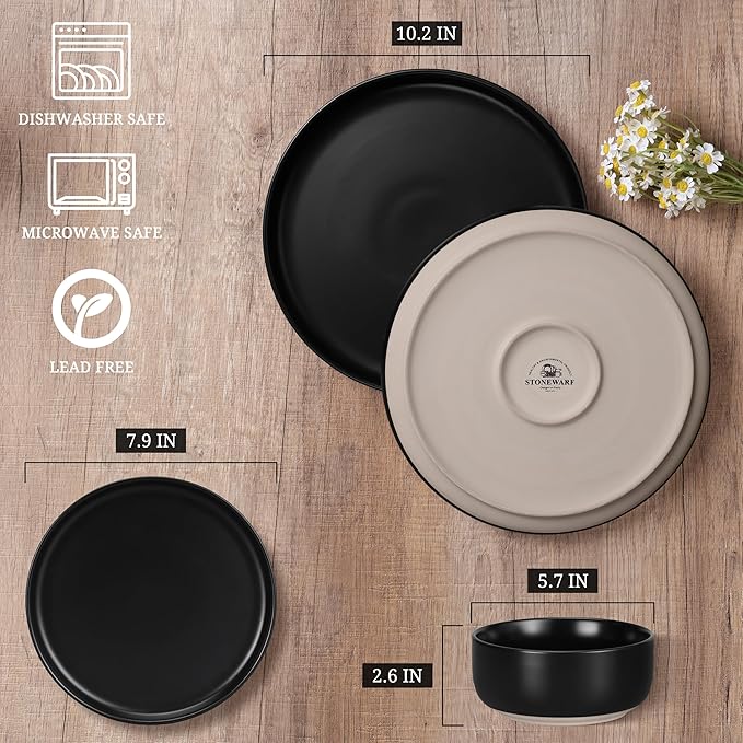 HaWare Stoneware Dinnerware Sets 18-Piece Plates and Bowls Set for 6 Dishes Set for Home Restaurant Frosting Black