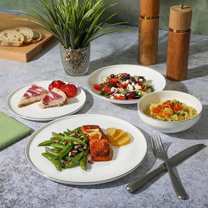 Gibson Elite Lana 16 Piece Bone China Double Plates and Bowls Dinnerware Set White w/Gold Rim