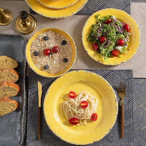 12-Piece Rustic Melamine Dinnerware Set With Dinner Plate Salad Plate And Large Capacity All Purpose BowlsService for 4 Indoor And Outdoor Use Yellow