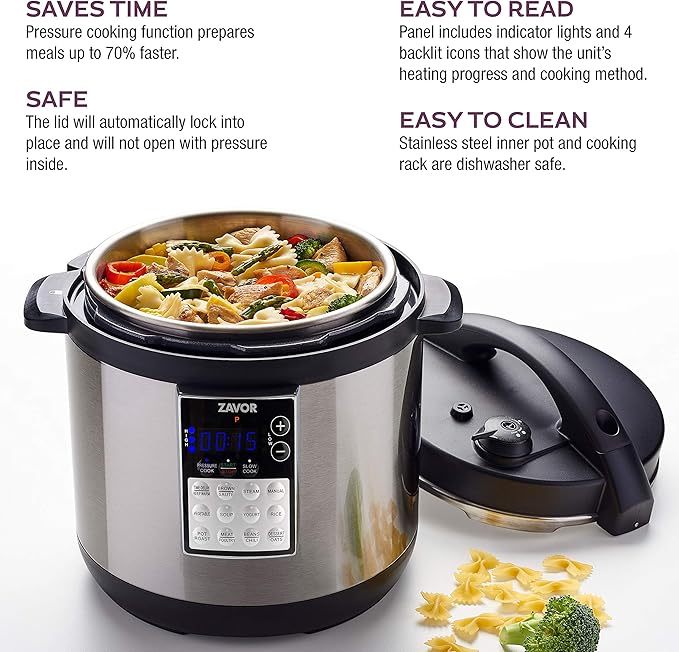 Zavor LUX Edge 6 Quart Programmable Electric Multi-Cooker: Pressure Cooker Slow Cooker Rice Cooker Yogurt Maker Steamer and more - Stainless Steel (ZSELE02)