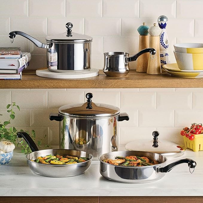 Farberware Classic Series Anniversary Edition Stainless Steel Cookware Set and Lids Induction Ready Dishwasher Safe 8 Piece Pots and Pans Metal Utensil Safe - Stainless Steel