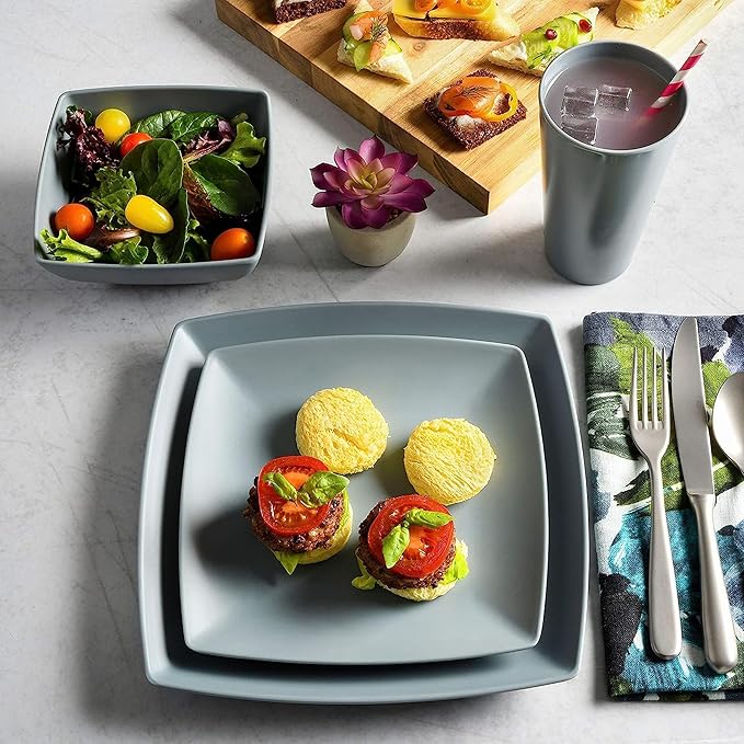 16 Piece Square Dinnerware Set Grey Coastal Casual