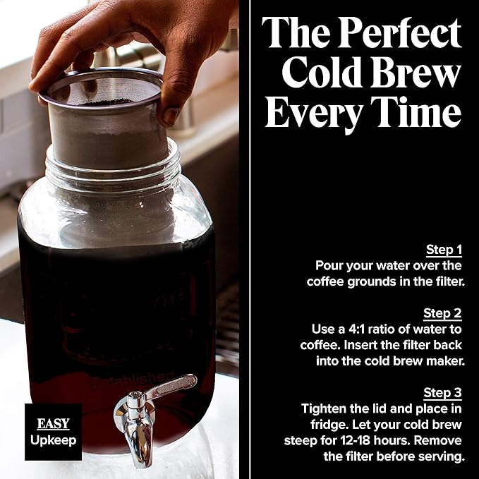 Willow &amp Everett Cold Brew Coffee &amp Iced-Tea Maker Pitcher 1 Gal Glass Dispenser w/Metal Spigot &amp Mesh Filter Iced Coffee &amp Sun Tea Brewing System