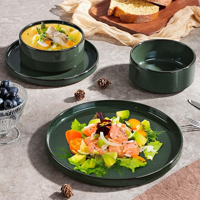 Herogo 12 Pieces Stoneware Dinnerware Set for 4 Ceramic Dinner Dishware Sets for Home Kitchen Plates and Bowls with Rustic Terracotta Bottom Dishwasher &amp Microwave Safe Dark Green