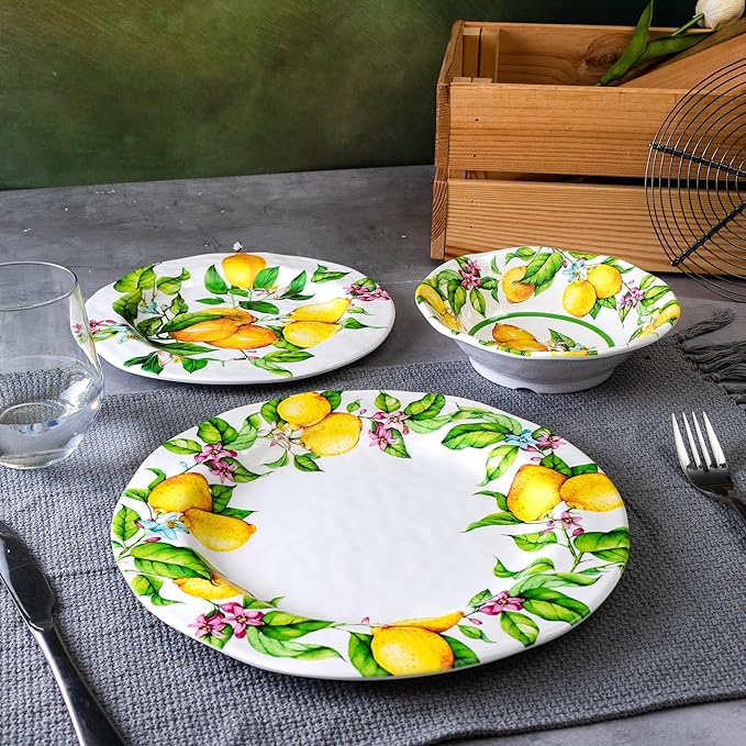 LEHAHA Melamine Dinner Plate Set of 6 11” inch Lemon Plates Set BPA Free Lightweight and Break Resistant Great for Parties RVs Picnic and Camping Trailer Dishwasher Safe