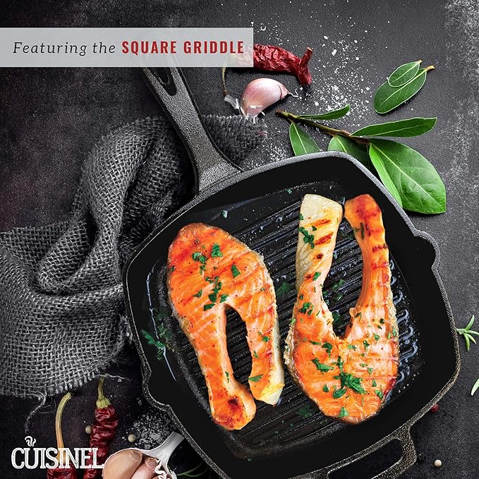Cuisinel Cast Iron Cookware Set - Complete Pre-Seasoned Kit - 8 Skillet + 10+12 Skillets with Glass Lid + Grill Pan + Multi-Cooker/Dutch Oven + Flat Griddle + Pizza Pan + Pan Rack Organizer