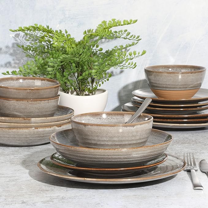 Gibson Elite Dreamweaver Double Bowl Terracotta Reactive Dinnerware Set - Grey Service for 4 (16pcs)