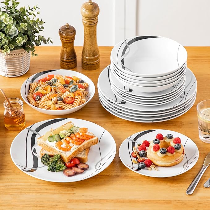 VEWEET Porcelain Dinnerware Sets for 6 18 Pieces Plates and Bowls Set with Black and Grey Ribbon Lines Dishes Set Dining Ware for Dinner Microwave and Dishwasher Safe Series FIONA