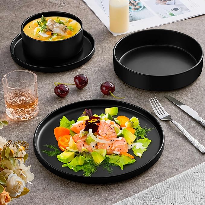 Herogo Dinnerware Sets with Pasta Bowls for 2 8 Piece Dinner Salad Plates and Cereal Bowls Stoneware Serving Dishes Dinner Ware for Home Kitchen Dishwasher &amp Microwave Safe Dishware Matte Blac
