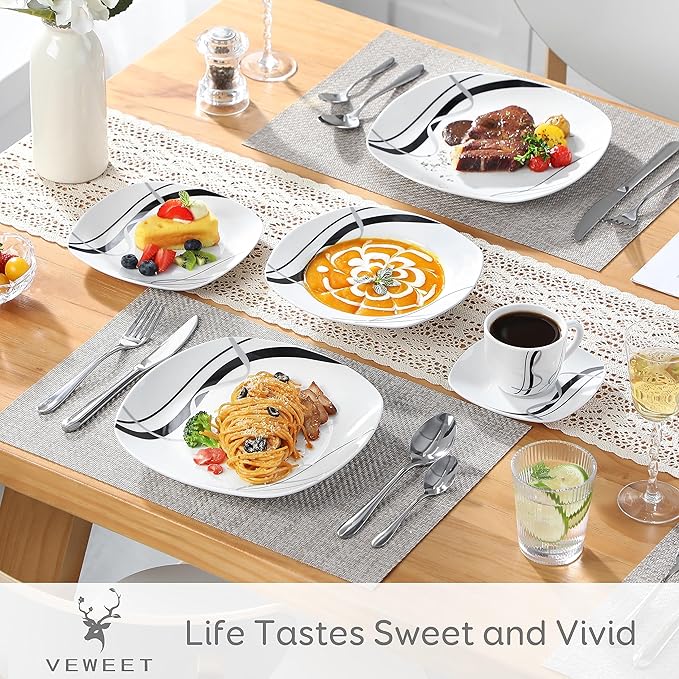 VEWEET Series Fiona 30-Piece Dinnerware Sets for 6 White Dishes Set with Black and Gray Stripes Porcelain Dinner Set Including Dessert Plates Soup Plates Dinner Plates Cups &amp Saucers