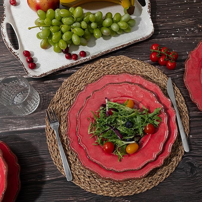 LEHAHA Farmhouse Red 12 Piece Melamine Dinnerware Sets For Indoor and Outdoor Use Rustic Dishes Dinnerware Sets with Bowls and Dinner/Dessert Plates BPA free Dinner Dishes Set Service for 4