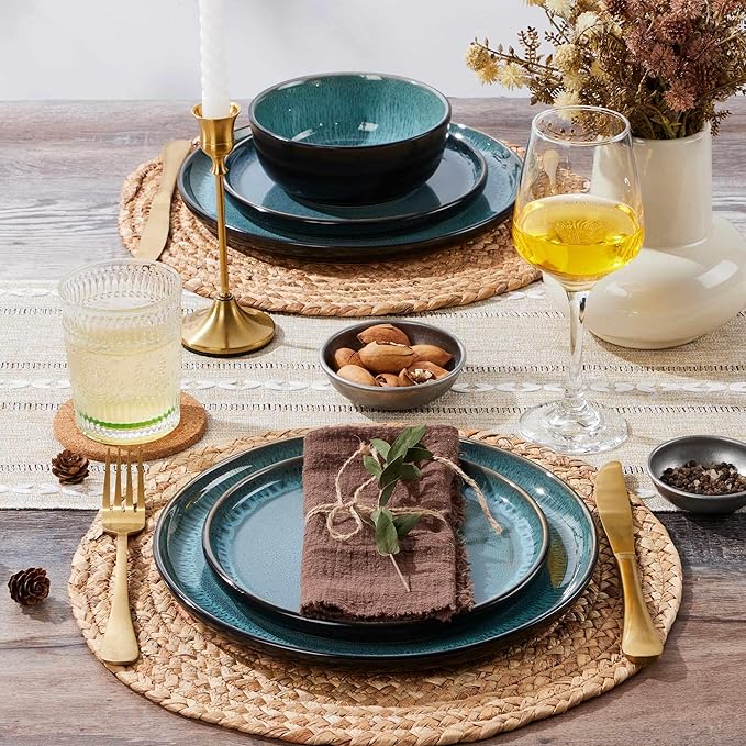 LIANYU Ceramic Dinnerware Sets for 4 12 Piece Porcelain Stoneware Plates and Bowls Scratch Resistant Round Kitchen Dishes Set Dishwasher and Microwave Safe Dinning Ware Set Pastel Turquoise