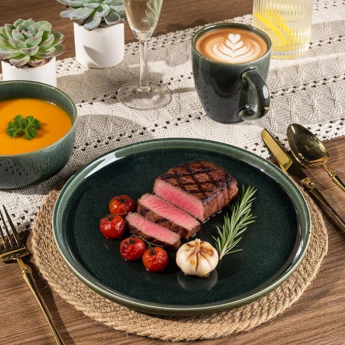 GBHOME Ceramic Dinnerware Sets for 8 24 Pieces Stoneware Plates and Bowls Sets Reactive Glaze Dishes -Scratch Resistant Dishwasher&ampMicrowave Safe Earth Green