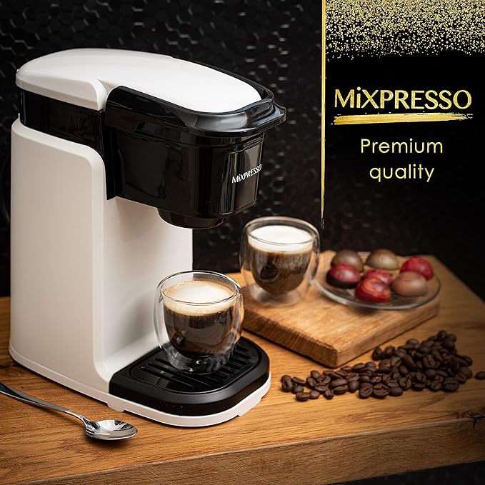 Mixpresso White Single Serve Coffee Maker for K Capsule Compact Mini Coffee Maker 800 Watt Coffee Machine for Pods or Ground Fast Brew Auto Shut Off 12 Oz Brew Size for Travel Office RV and Dorm