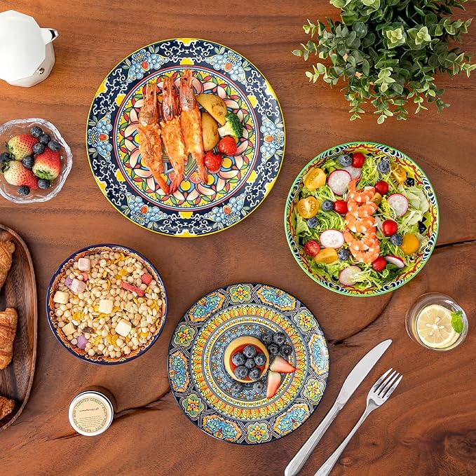 vancasso 16 Pieces Plates and Bowls Set Bohemian Style Dinnerware Sets Service for 4 Porcelain Boho Dishes Set for Kitchen Housewaring Gift Dishwasher and Microwave Safe Series KRVI