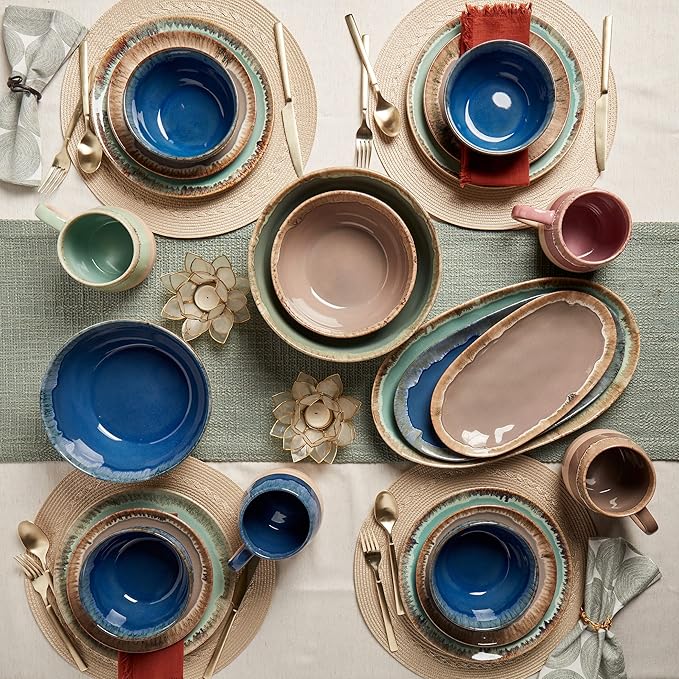 Tabletops Gallery Tuscan Reactive Glaze Stoneware- Dining Entertainment Plate Bowl Ceramic 12 Piece Tuscan Dinnerware Set (Blue Green and Brown)