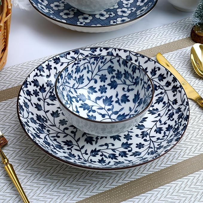 Ceramic Dinnerware Set 10-Piece Hand-painted cherry blossom Plates and Bowls Microwave &amp Dishwasher Safe Gift Ready Packaging
