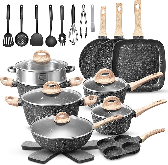 VOTTGO 31 Pcs Pots and Pans Set Non Stick Black Granite Induction Cookware Set Non Toxic Healthy RV Kitchen Cooking Set with Silicone Tools and Pot Protectors PFOA PFOS PFAS Free