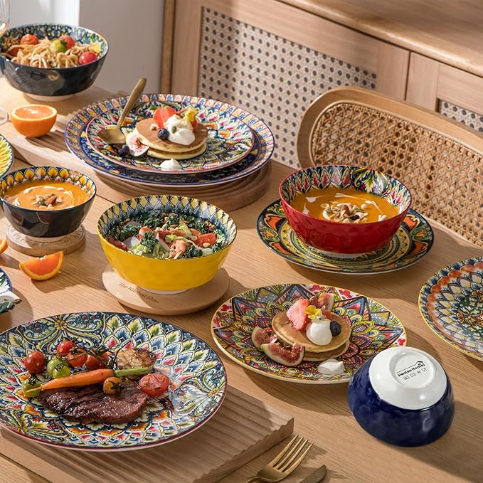 Henten Home Ceramic 12 Pieces Dinnerware Sets Bohemia Dinner Plates Soup Bowls Porcelain Dinnerware Set for 4 Microwave &amp Dishwasher Safe Scratch Resistant
