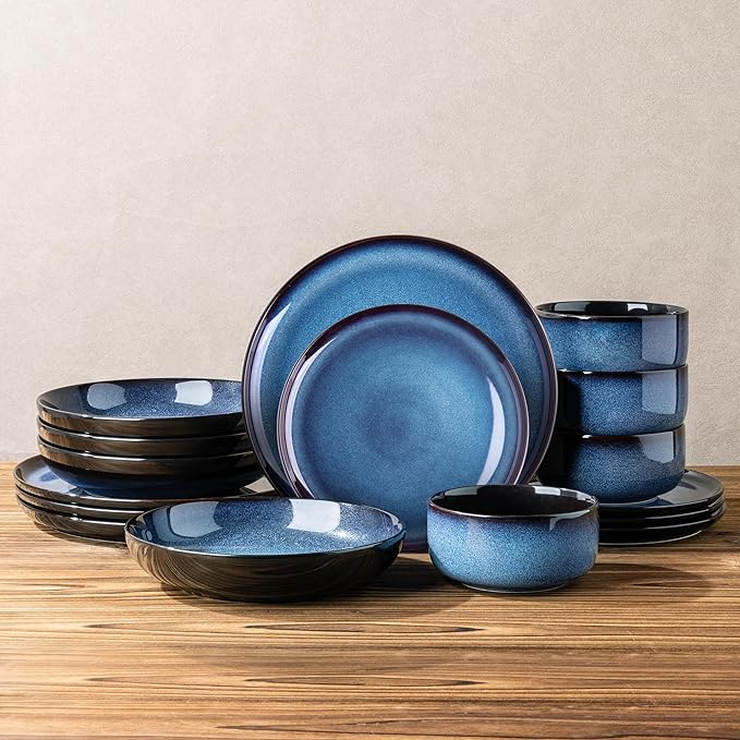 LERATIO Ceramic Dinnerware Sets with Pasta Bowls for 4Reactive Glaze Plates and Bowls SetsOven &ampMicrowave &amp Dishwasher SafeLight Weight &amp Scratch Resistant Dishes Sets-Service for 4 (16