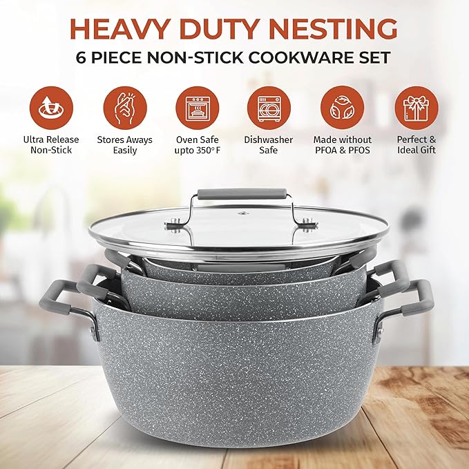 Granitestone Gray Pots and Pans Set Nonstick 6 Stackable Piece Cooking Pots Set Kitchen Pots Non Stick Coating 5qt 3qt &amp 1.5qt Pots with Lids Stay Cool Handles Dishwasher Safe 100% Toxin Free