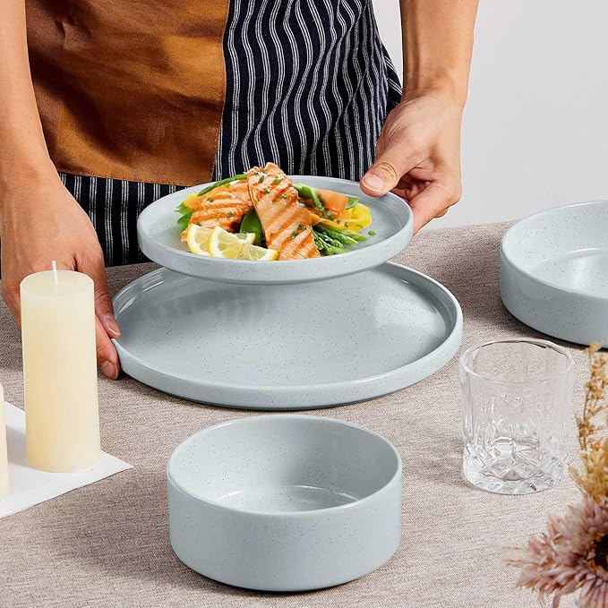 Herogo Stoneware Dinnerware Set with Salad Bowls 24 Piece Kitchen Dinner Dish Set for 6 Plates and Cereal Pasta Bowls Chip &amp Scratch Resistant Dishware Speckled Light Gray