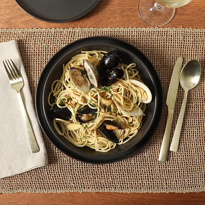 Gibson Elite Overbrook 16-Piece Pottery Clay Stoneware Dinnerware Set – Black Reactive Glaze Stackable Plates and Bowls W/Pasta Bowl Service for 4 – Microwave &amp Dishwasher Safe