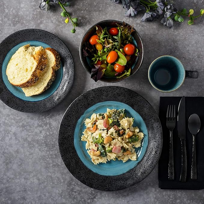 Gibson Elite Dragonstone Round Reactive Glaze Stoneware Dinnerware Set Service for Four (16pcs) Aqua